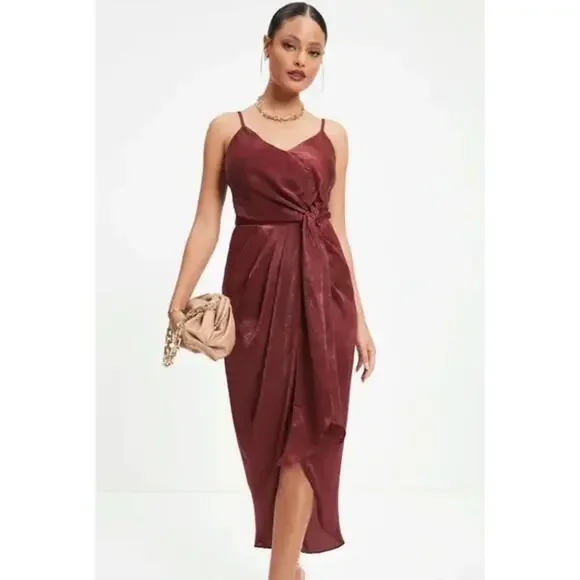 Aakaa Token Of Gratitude Satin Tie Midi Dress Womens Size Medium New Wine - Picture 1 of 14
